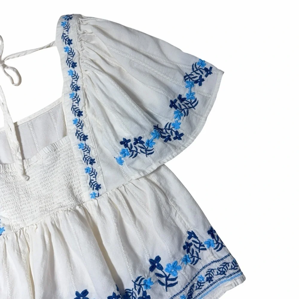 Old Navy White & Blue Embroidered Blouse Womens XS - Picture 7 of 9